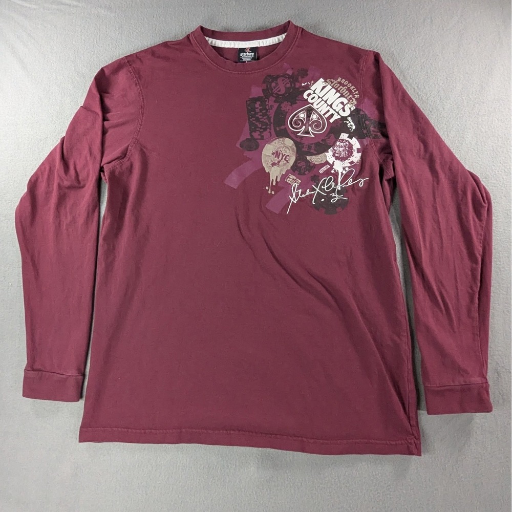 Starbury Mens Kings County Brooklyn‎ Graphic Long Sleeve Shirt L Maroon